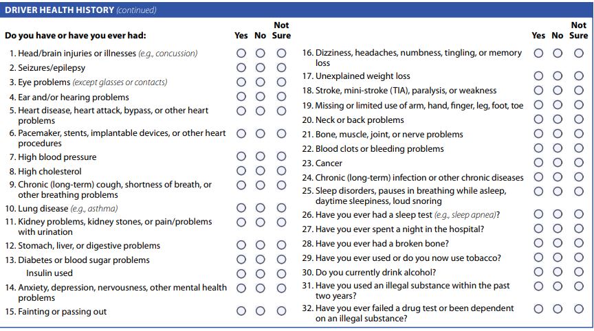 DOT physical health history sheet Spotsylvania/Fredericksburg