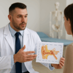 Board-certified chiropractic orthopedist explaining dizziness and vertigo causes and treatment to a patient in Fredericksburg clinic.