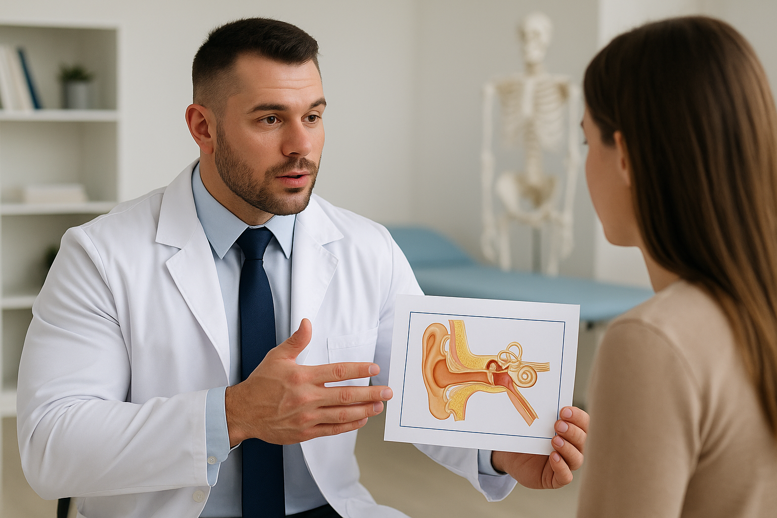 Board-certified chiropractic orthopedist explaining dizziness and vertigo causes and treatment to a patient in Fredericksburg clinic.