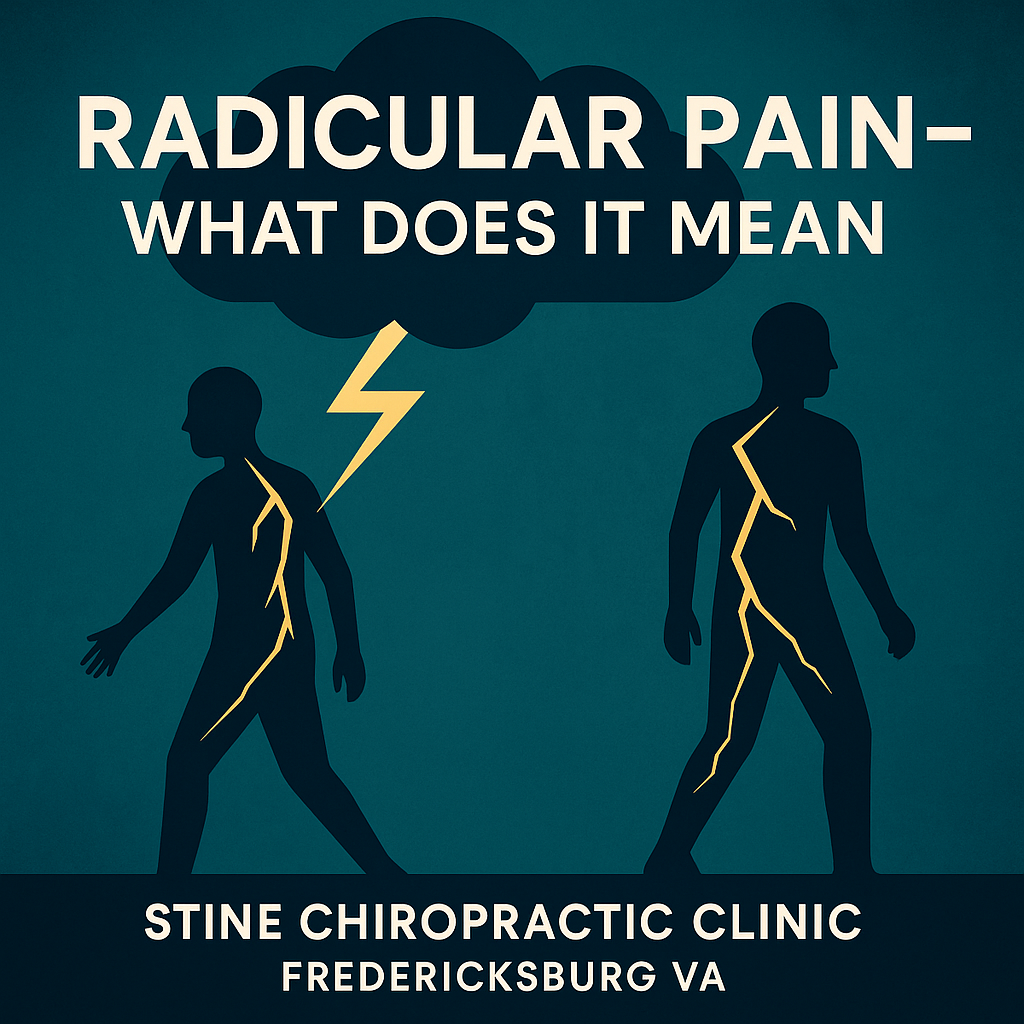 Storm-cloud graphic with a lightning bolt tracing from neck into arm, symbolizing shock-like nerve pain along a dermatome.