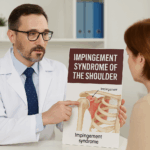 Board-certified chiropractic orthopedist explaining shoulder impingement syndrome and treatment options to a patient in clinic.