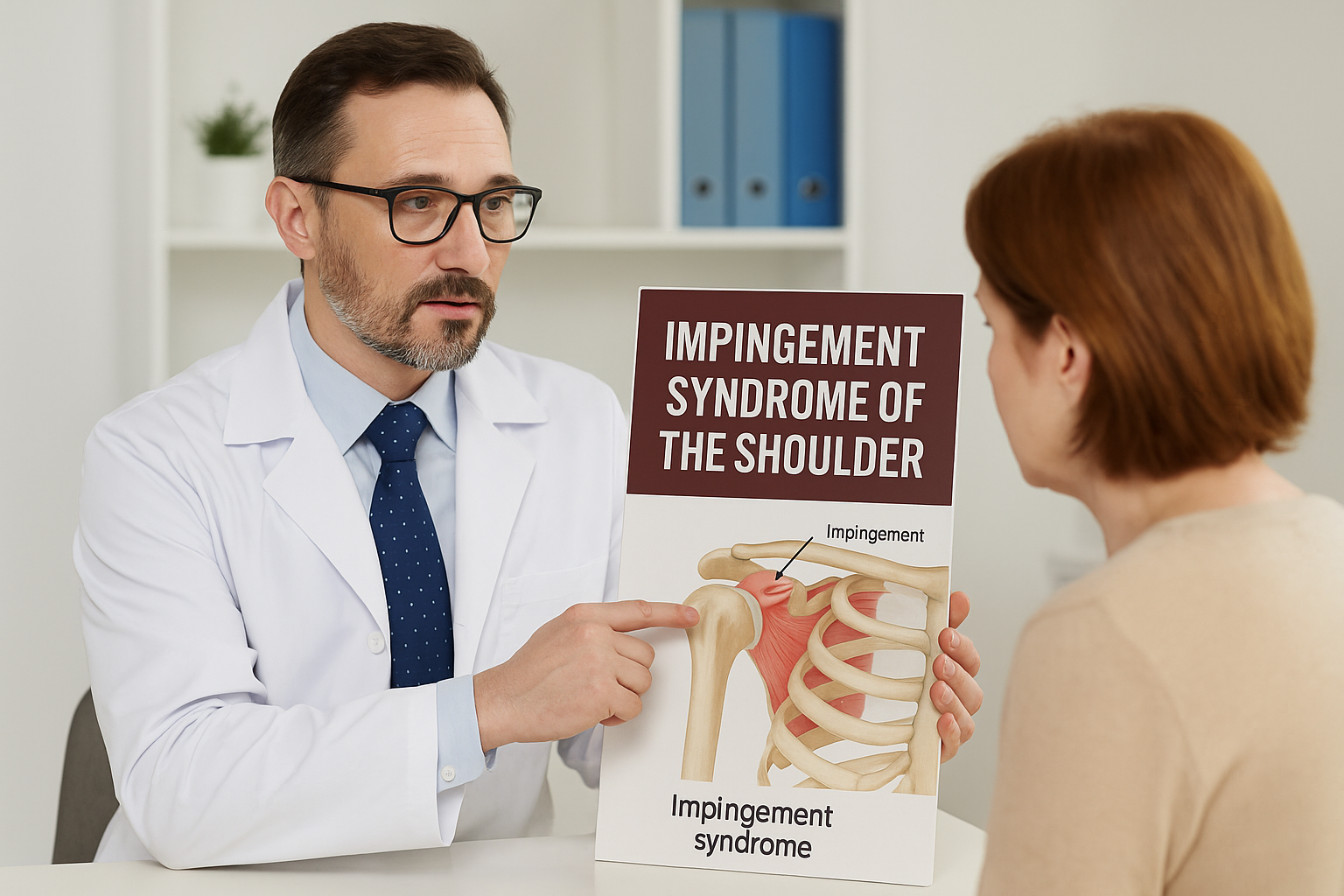 Board-certified chiropractic orthopedist explaining shoulder impingement syndrome and treatment options to a patient in clinic.